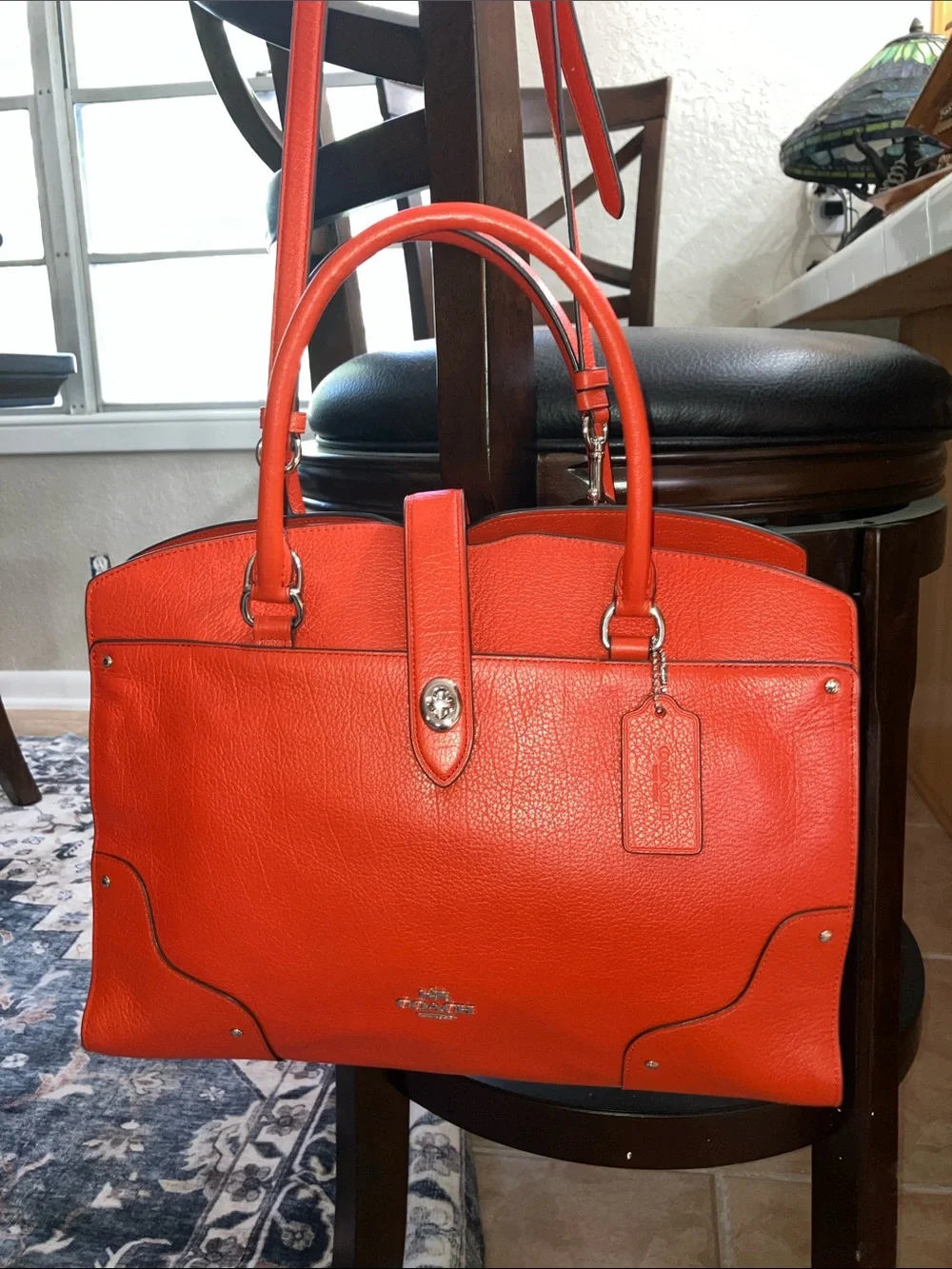 Coach Mercer Coral Red Pebbled Leather Satchel w/Crossbody Strap silver hardware
